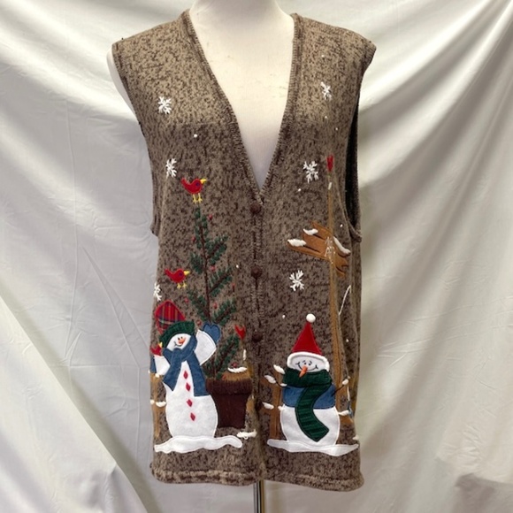 Vintage Bobbie Brooks Brown Christmas Snowman Cardigan XL - Picture 1 of 6